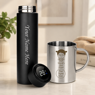 Customized Gift for Sister, Customized Bottle with Name & World’s Best Sister Steel Mug Set