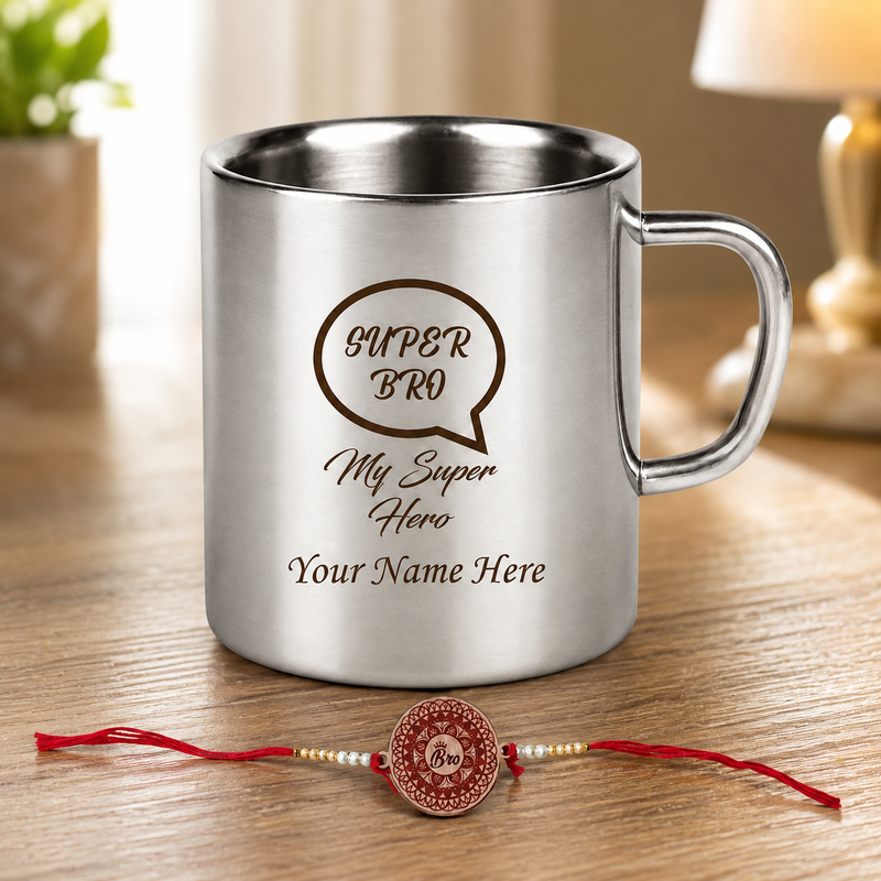 Customized Stainless Steel Mug with Name Engraved & Super Bro Design Engraved.