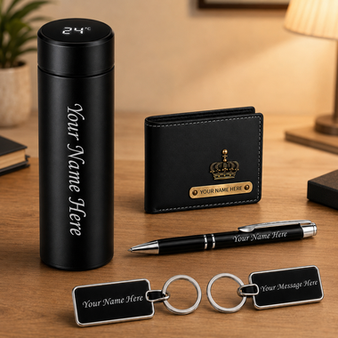 Customized Combo Set for Men (4 Pcs) –Customized Name Wallet, Stainless Steel Bottle, Pen & Keychain.