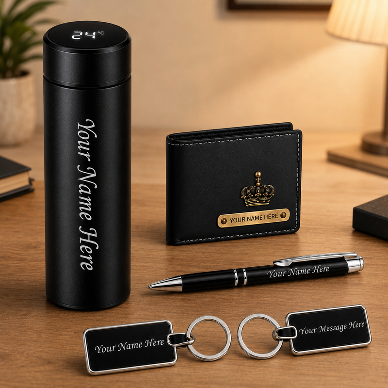 Customized Combo Set for Men (4 Pcs) –Customized Name Wallet, Stainless Steel Bottle, Pen & Keychain.