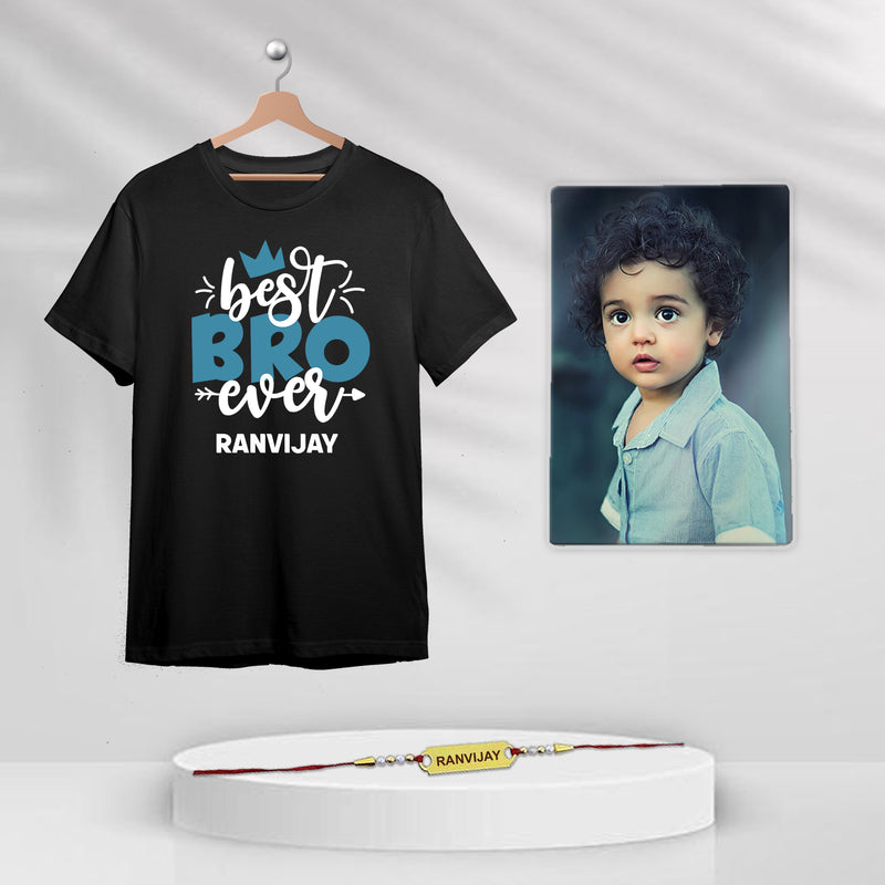 Rakhi Combo: Engraved Rakhi, Photo Frame & Bro Quote T-Shirt.