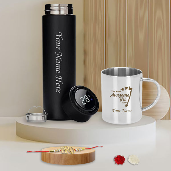 Personalized Rakhi Set: Awesome Bro Mug & Name Bottle.