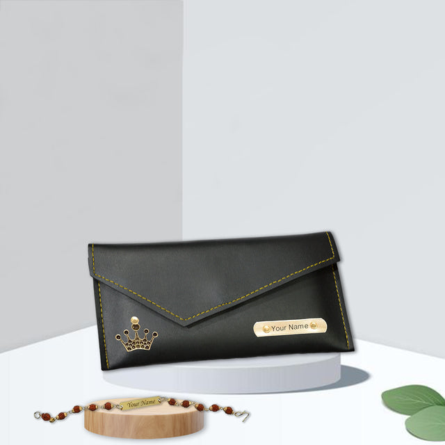 Rakhi Combo: Leather Clutch & Name Engraved Rudraksh Rakhi.