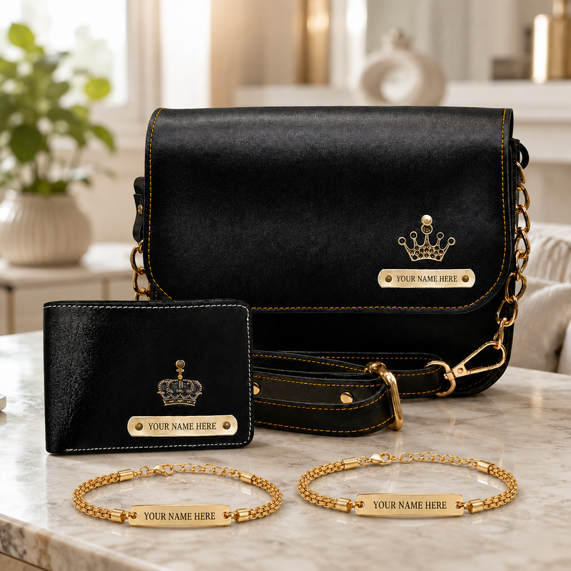 Raksha Bandhan Gift Hamper for Bhaiya & Bhabhi | Customized Men's Leather Wallet & Sling Bag with Name & Charm and Set of 2 Personalized Chain Rakhis with Name Engraved.