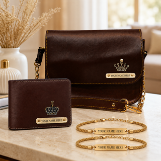 Raksha Bandhan Gift Hamper for Bhaiya & Bhabhi | Customized Men's Leather Wallet & Sling Bag with Name & Charm and Set of 2 Personalized Chain Rakhis with Name Engraved.