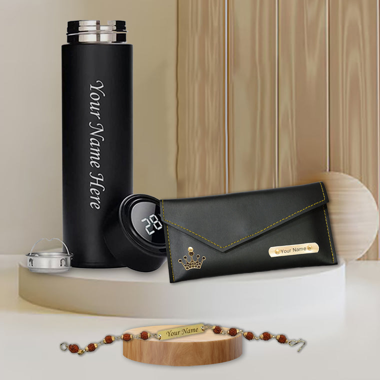 Rakshabandhan Gift: Leather Clutch, Temp Bottle & Name Rakhi.