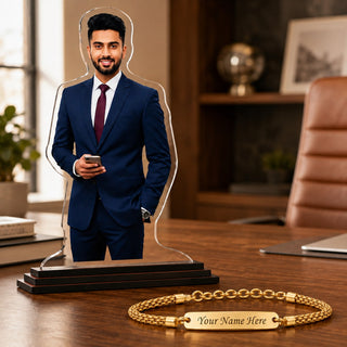 Customized Chain Rakhi with Name Engraving & Customized 6 x 8 Inch Acrylic Photo Cutout with Favourite Picture Printed