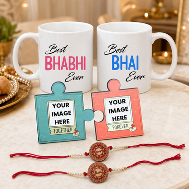Personalized Bhaiya Bhabhi Rakhi Combo – Photo Puzzle Magnet & Printed Mug Set with Rakhi