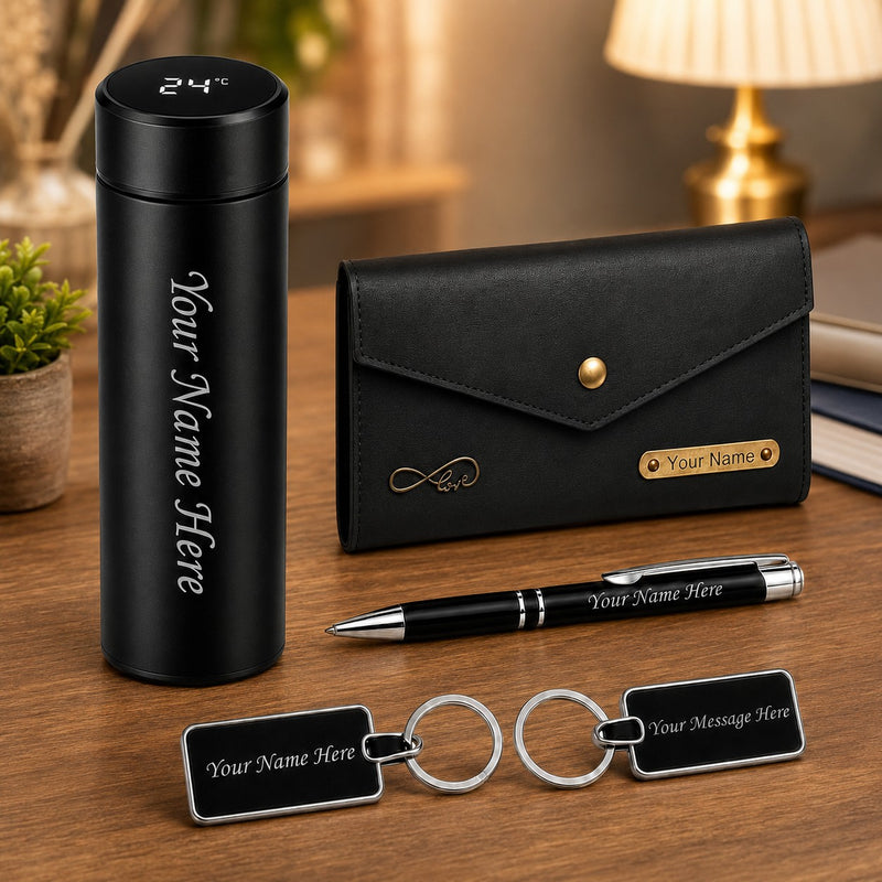 Customized Gifts Combo Set for Women(4 Pcs) –Customized Name Clutch, Stainless Steel Bottle, Pen & Keychain | Premium Gift Hamper