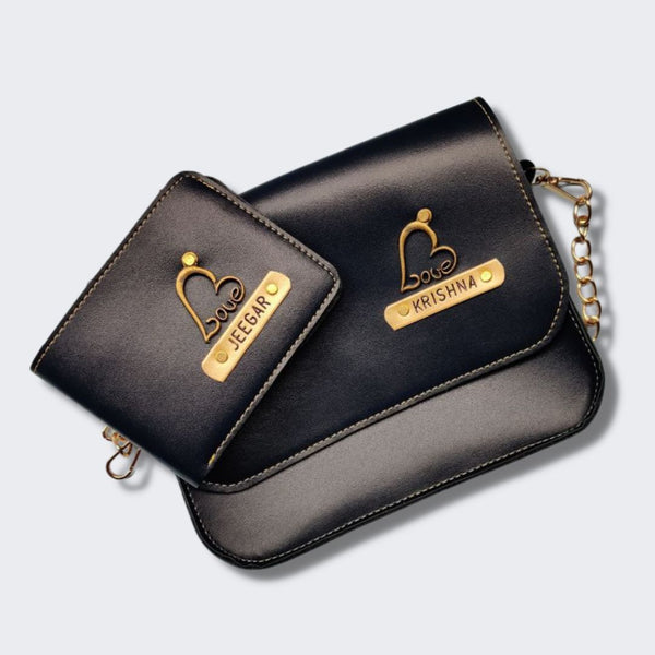 Leather Couple Gift Combo of a personalized Men's wallet and women's chain sling bag with a name and elegant charm.