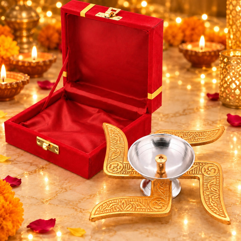 Gifts Brass Swastik Diya with Red Gift Box | Traditional Pooja Deepak for Diwali, Housewarming & Gifting
