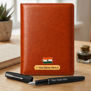 Customized Brown Diary & Branded Parker Fountain Pen Gift Set with Name Engraved.