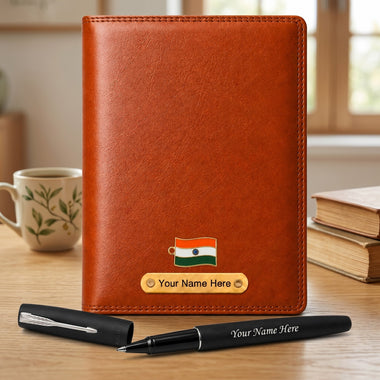 Customized Brown Diary & Branded Parker Roller Pen Gift Set with Name Engraved.