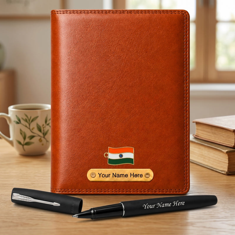 Customized Brown Diary & Branded Parker Roller Pen Gift Set with Name Engraved.