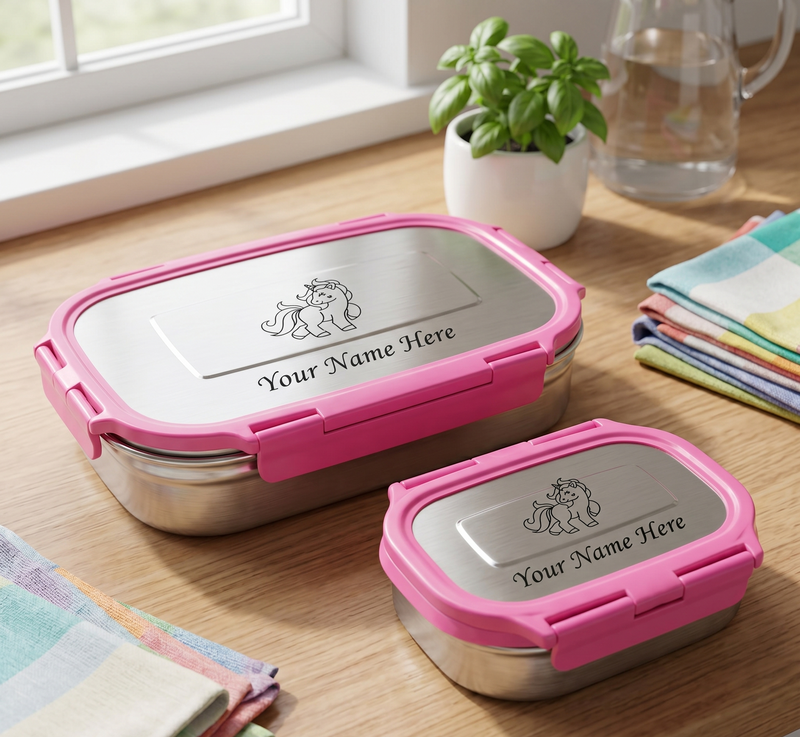 Customized Kids Lunch Box with Name and Cartoon Character Engraved.