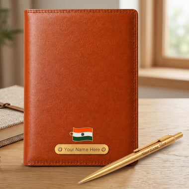 Customized Brown Diary & Branded Parker Golden Pen Gift Set with Name Engraved.