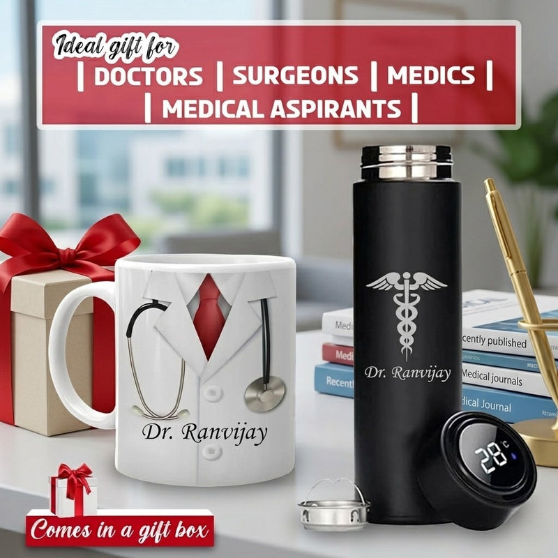 Customized Doctor's Drinkware Combo: Custom Bottle & Mug with Doctor Logo.
