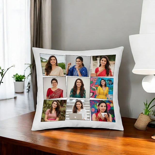 Custom Satin 9 Photo Collage Cushion with Your Pictures Printed.