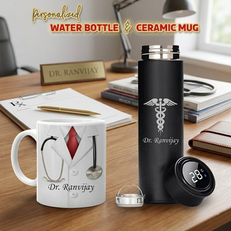 Customized Doctor's Drinkware Combo: Custom Bottle & Mug with Doctor Logo.