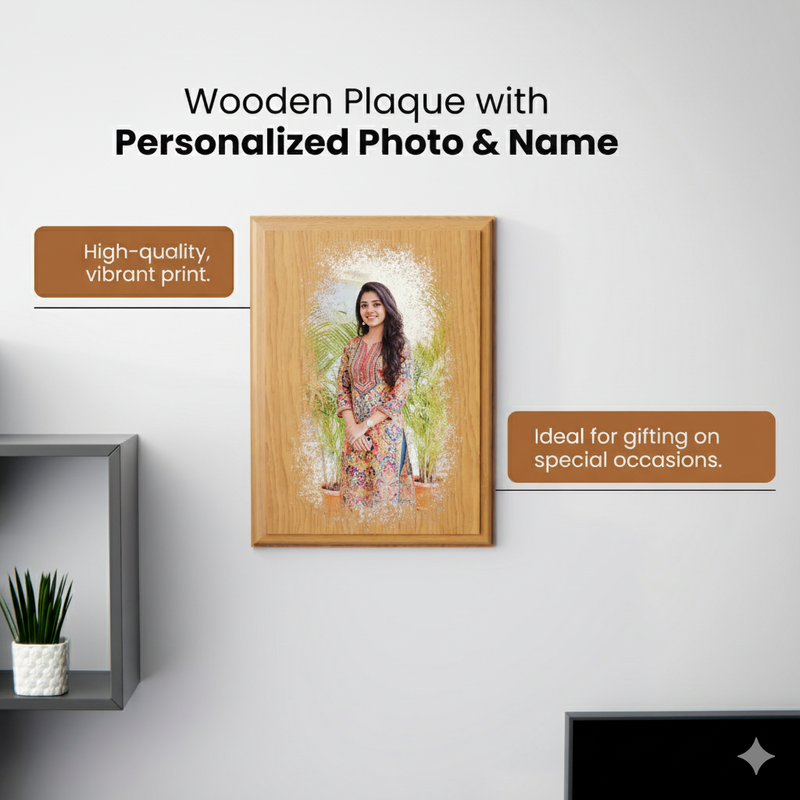 Personalized Wooden Colored Plaque- Custom Photo & Name Engraved (6x8 inches)