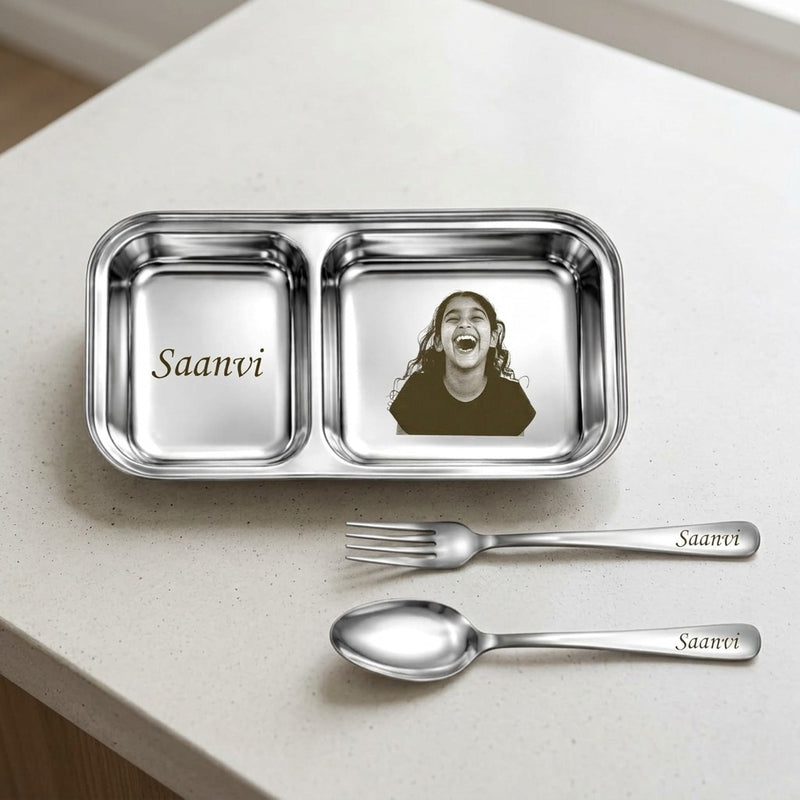 Customized Stainless Steel 2-Compartment Plate with Photo & Name | Kids Pav Bhaji Plate Set with Spoon & Fork