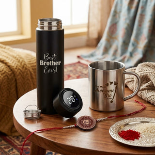 Rakshabandhan Gift Set- Awesome Bro Quote Engraved Mug & Black Bottle