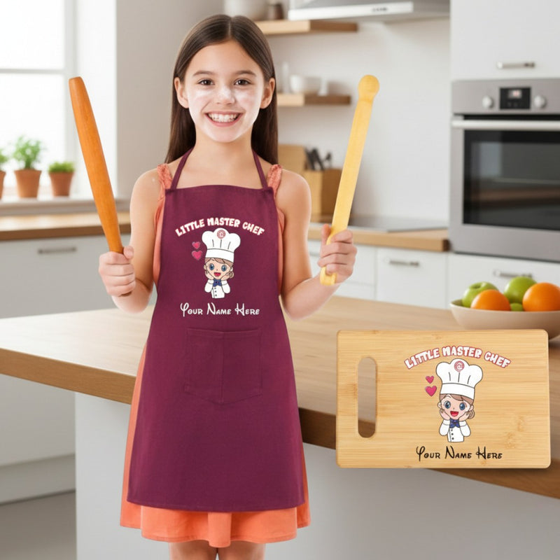 Customized Little Master Chef Gift Combo for Kids | Name Printed Apron & Wooden Board