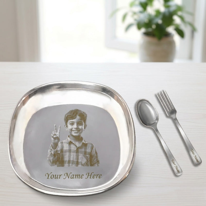Personalized Stainless Steel Plate Set for Kids with Photo & Name | Custom Kids Dinner Set