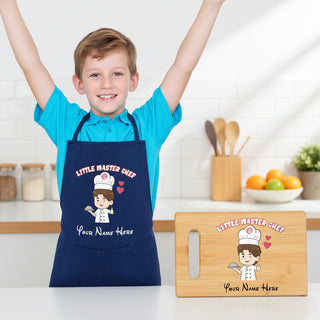 Customized Little Master Chef Gift Combo for Kids | Name Printed Apron & Wooden Board