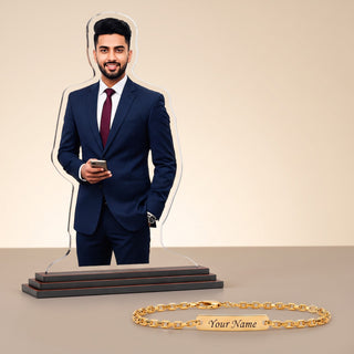 Customized Chain Rakhi with Name Engraving & Customized 6 x 8 Inch Acrylic Photo Cutout with Favourite Picture Printed