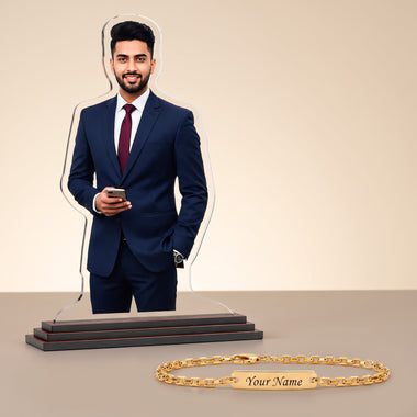 Customized Chain Rakhi with Name Engraving & Customized 6 x 8 Inch Acrylic Photo Cutout with Favourite Picture Printed