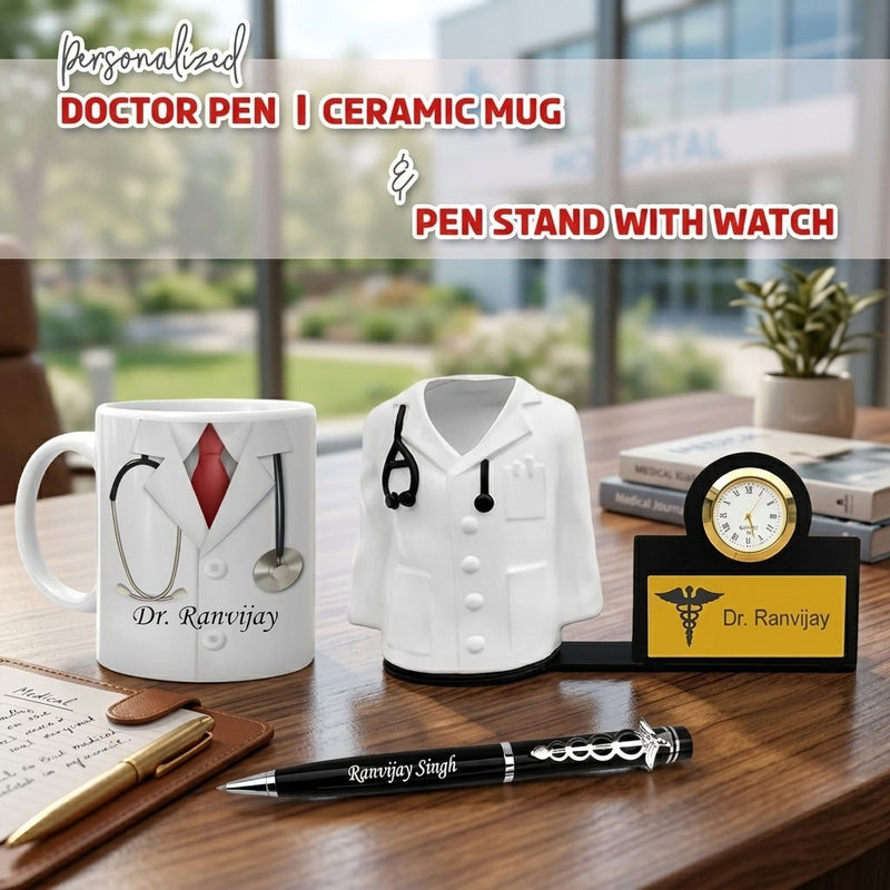 Customized Doctor's Desk Set: Pen, Pen Stand with Coffee Mug.