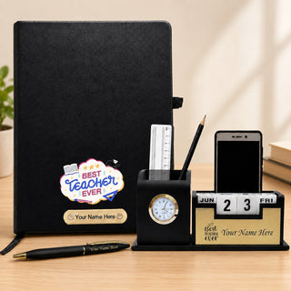Customized Teacher's Combo Set- Customized Diary with Name, Personalized Pen with Name Engraved, Pen Stand with Clock