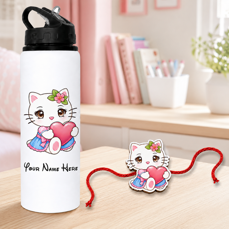 Customized 750 ML Aluminium Sipper Bottle with Name & Favourite Cartoon Print & Personalized Cartoon Caricature Rakhi