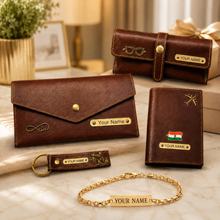 Customized Raksha Bandhan Gift for Sister | Customized Women’s Gift Combo Set 4 Pcs with Name Engraving & Golden Chain Rakhi