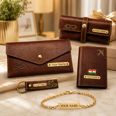 Customized Raksha Bandhan Gift for Sister | Customized Women’s Gift Combo Set 4 Pcs with Name Engraving & Golden Chain Rakhi