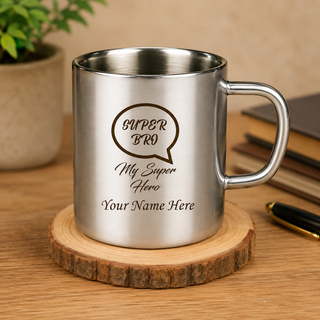 Customized Stainless Steel Coffee Mug with Super Bro and Name Emgraved.