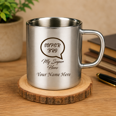 Customized Stainless Steel Coffee Mug with Super Bro and Name Emgraved.