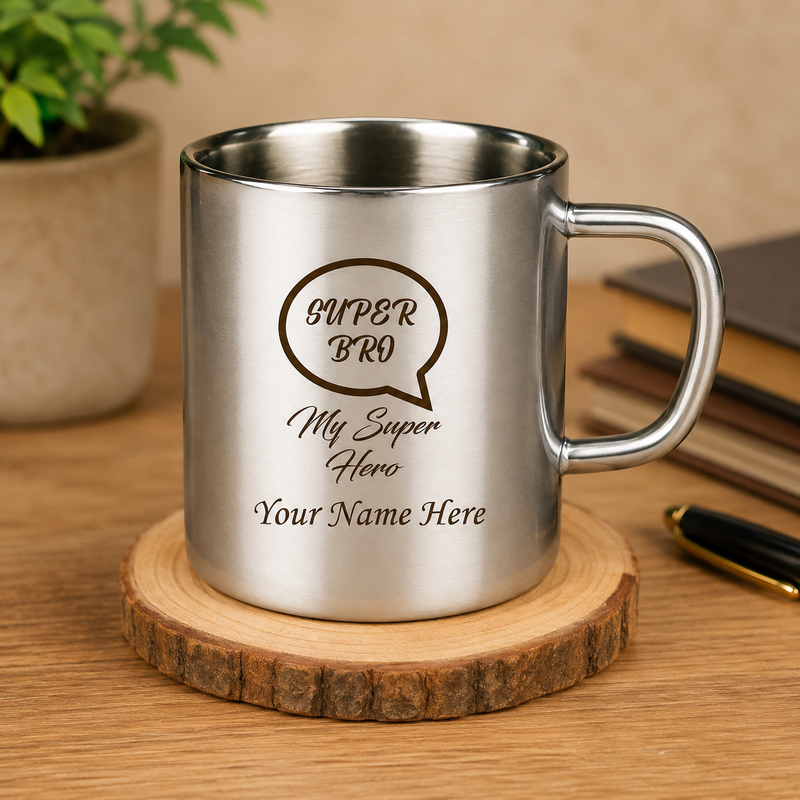 Customized Stainless Steel Coffee Mug with Super Bro and Name Emgraved.