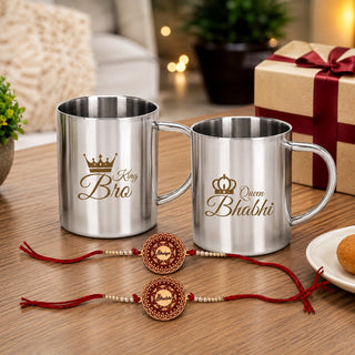 King Bro Queen Bhabhi Steel Mug Set of 2 with 2 Rakhi | 220 ML Double Wall Stainless Steel Couple Mugs