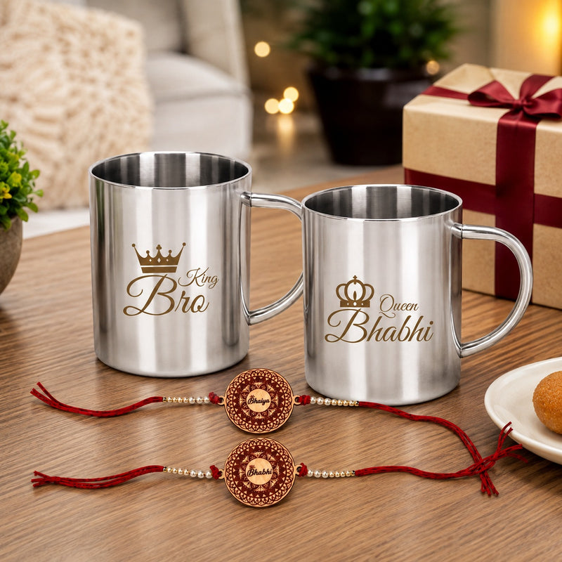 King Bro Queen Bhabhi Steel Mug Set of 2 with 2 Rakhi | 220 ML Double Wall Stainless Steel Couple Mugs