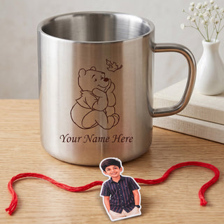 Customized Steel Mug with Name & Pooh Cartoon Print and Customized Photo Caricature Rakhi