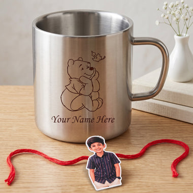 Customized Steel Mug with Name & Pooh Cartoon Print and Customized Photo Caricature Rakhi