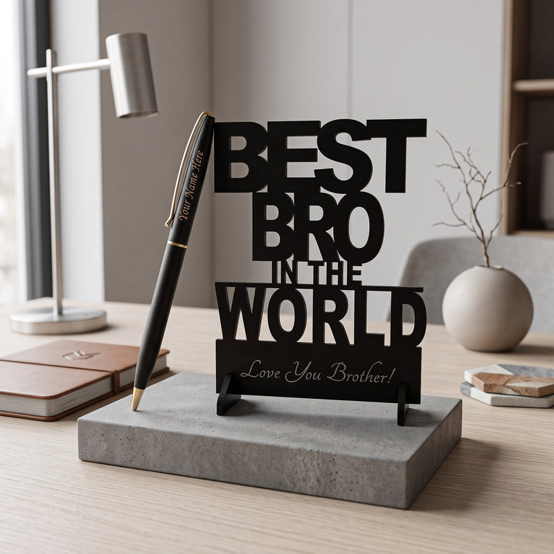 Customized Pen with Name & Best Bro in the World Acrylic Stand.