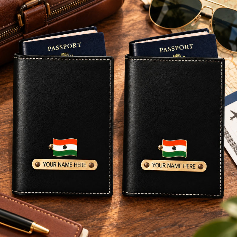 Leather Passport Cover Set of 2 with Name & Charm | Customised Passport Cover with Name for Couple | Personalized Passport Holder for Men & Women