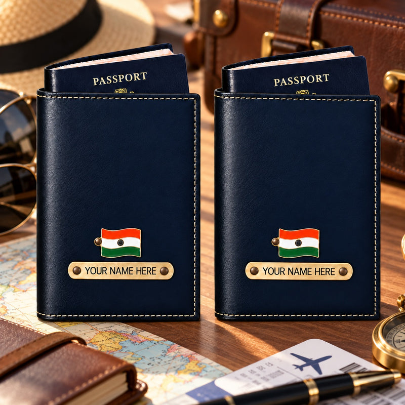 Leather Passport Cover Set of 2 with Name & Charm | Customised Passport Cover with Name for Couple | Personalized Passport Holder for Men & Women