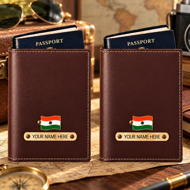Leather Passport Cover Set of 2 with Name & Charm | Customised Passport Cover with Name for Couple | Personalized Passport Holder for Men & Women