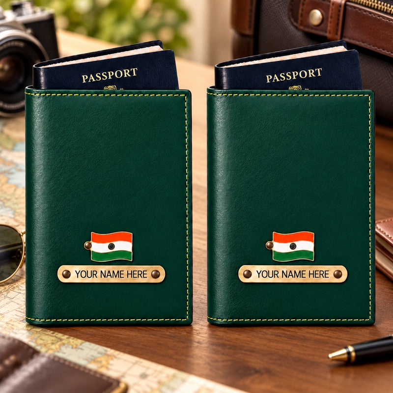 Leather Passport Cover Set of 2 with Name & Charm | Customised Passport Cover with Name for Couple | Personalized Passport Holder for Men & Women