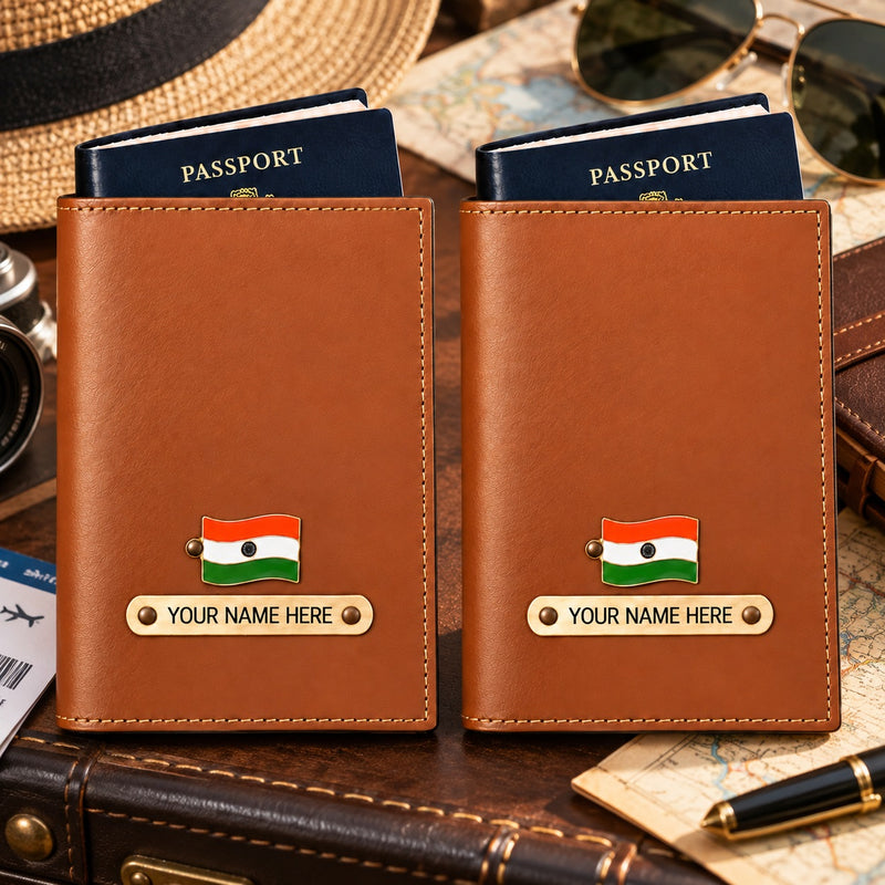 Leather Passport Cover Set of 2 with Name & Charm | Customised Passport Cover with Name for Couple | Personalized Passport Holder for Men & Women