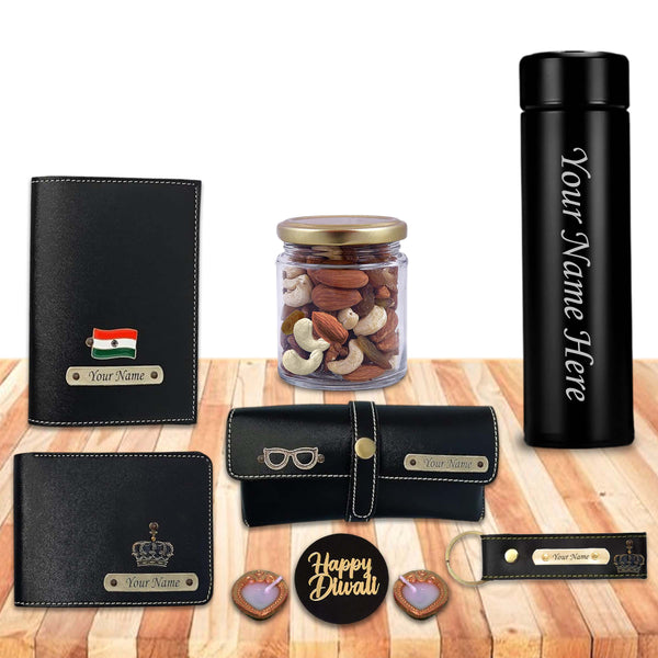 Diwali Gift Set – Wallet, Keychain, Eyewear Case & Passport Cover + Black Bottle.